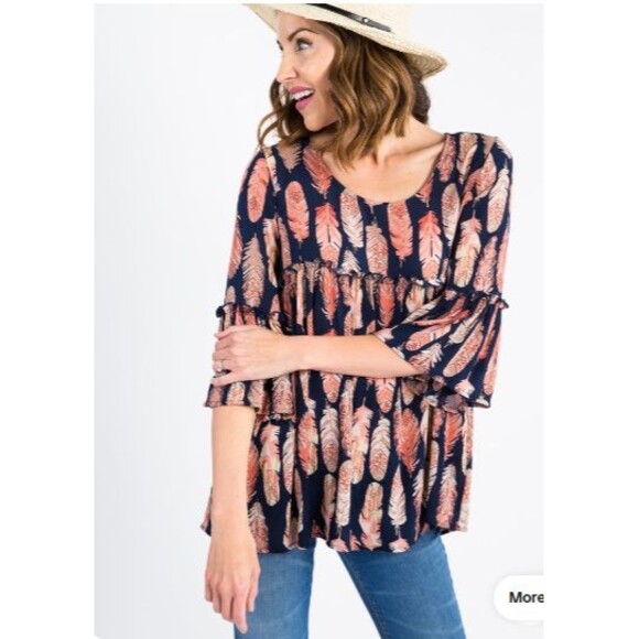 Agnes & Dora Tops - NWOT Agnes & Dora Sway top Feather Print Ruffle Tunic Small blue and pink